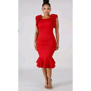 Touch Me Dramatic Ruffle Sleeve‎ Scuba Bodycon Red Dress 2X NWOT